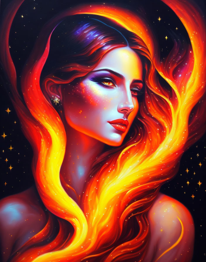 Colorful portrait of woman with orange hair in cosmic setting