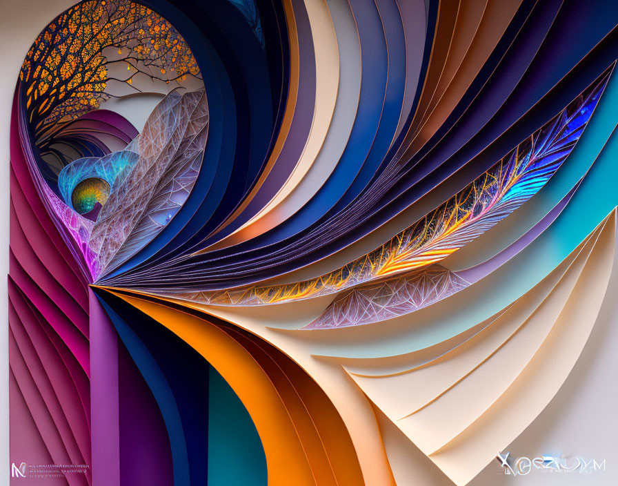 Colorful Swirls Merge into Fractal Tree with Metallic Textures