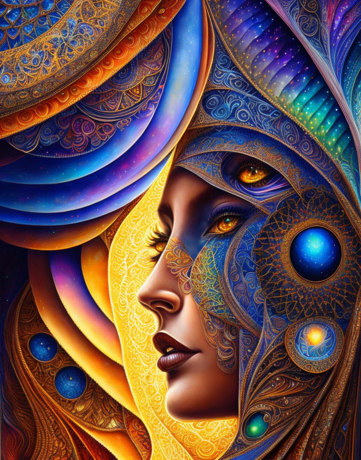 Detailed Artwork of Woman's Face with Cosmic and Ornate Patterns