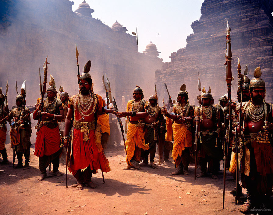 Traditional Warrior Costumes Marching in Front of Stone Fortress