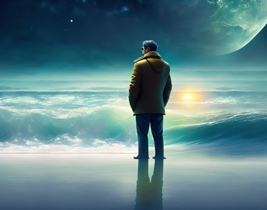 Person in jacket standing on water gazes at oversized moon above turbulent sea waves under starlit sky with