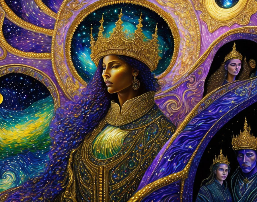 Vibrant illustration of regal woman with crown in cosmic setting