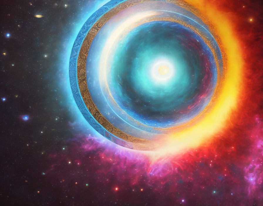 Colorful cosmic image with blue circular nebula and golden rings surrounded by stars and interstellar clouds