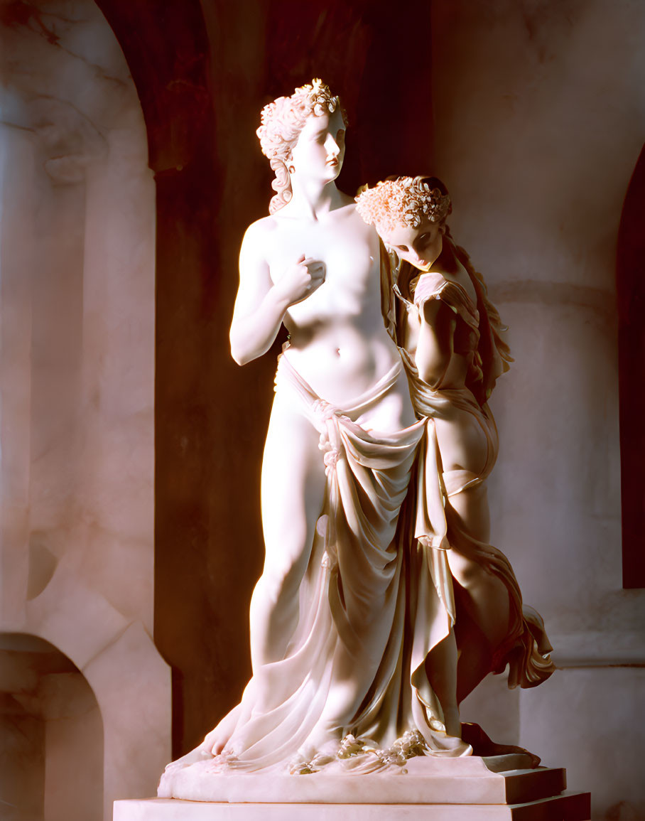 Classical marble statue of Venus de' Medici with Cupid on contrasting background