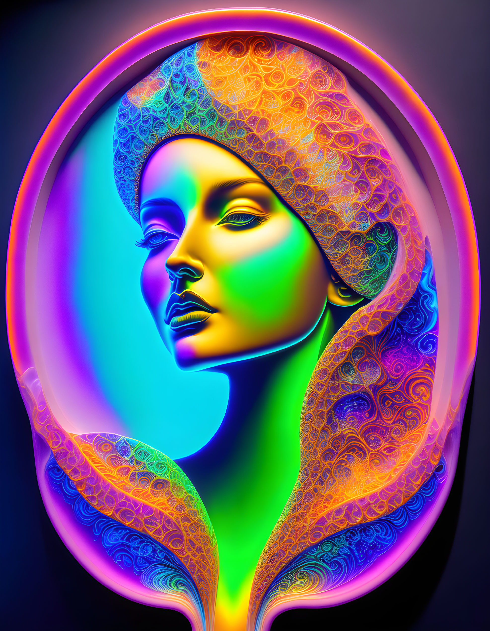 Colorful Psychedelic Portrait of Woman with Paisley Pattern and Radiant Aura