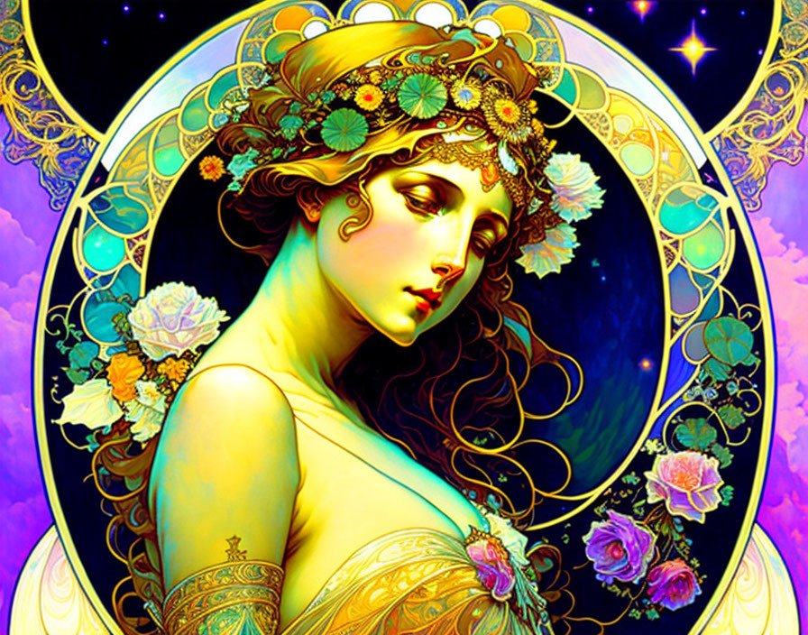 Colorful woman with decorative headdress in moonlit scene