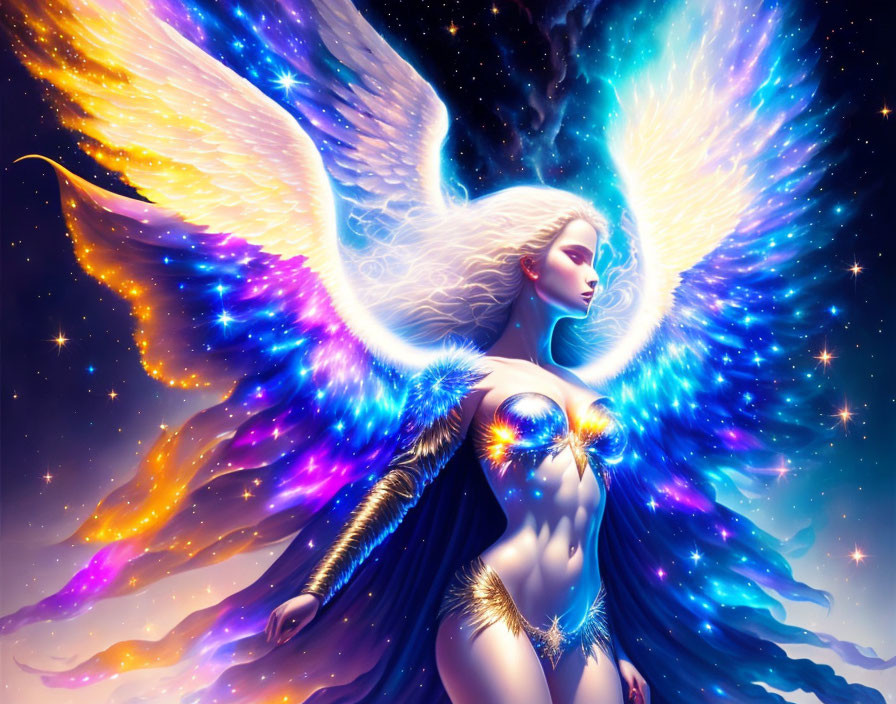 Celestial female figure with luminescent wings in vibrant cosmic scene