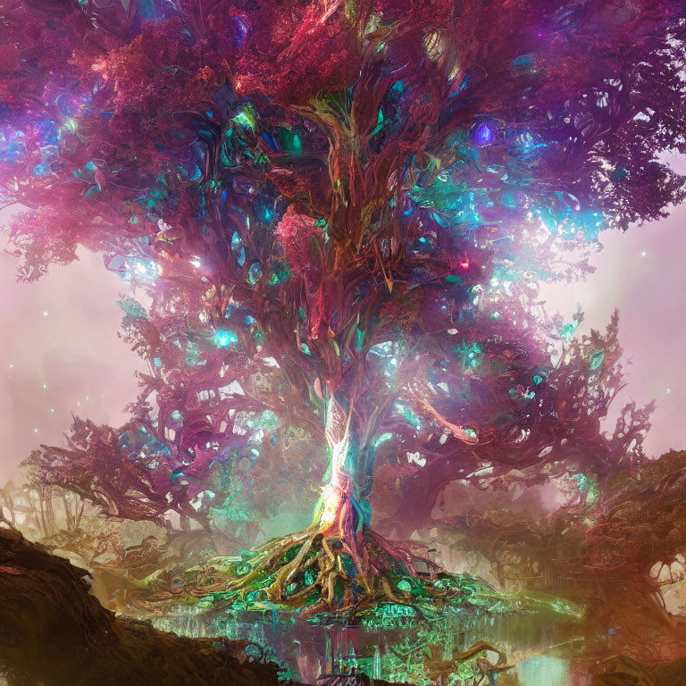 Mystical tree with iridescent leaves in enchanting forest