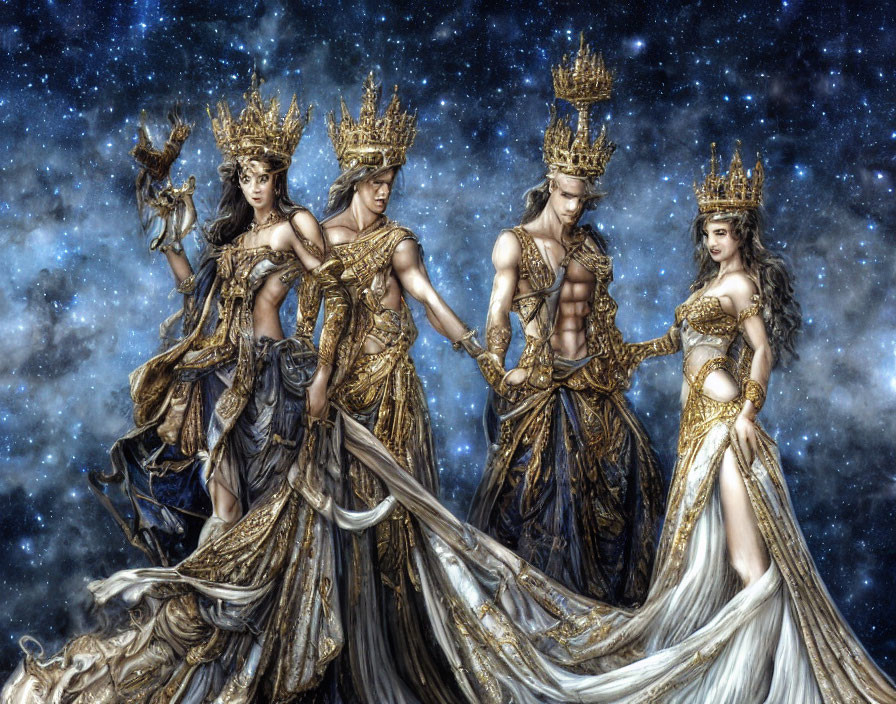 Four regal figures in golden crowns and elaborate attire against a cosmic backdrop.