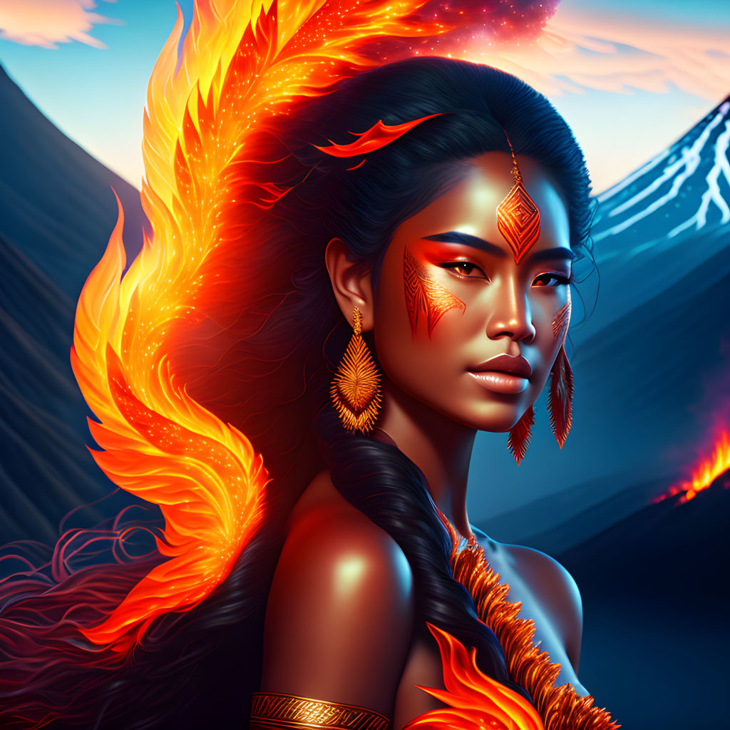 Digital Artwork: Woman with Fiery Wings and Tribal Face Paint in Volcanic Landscape