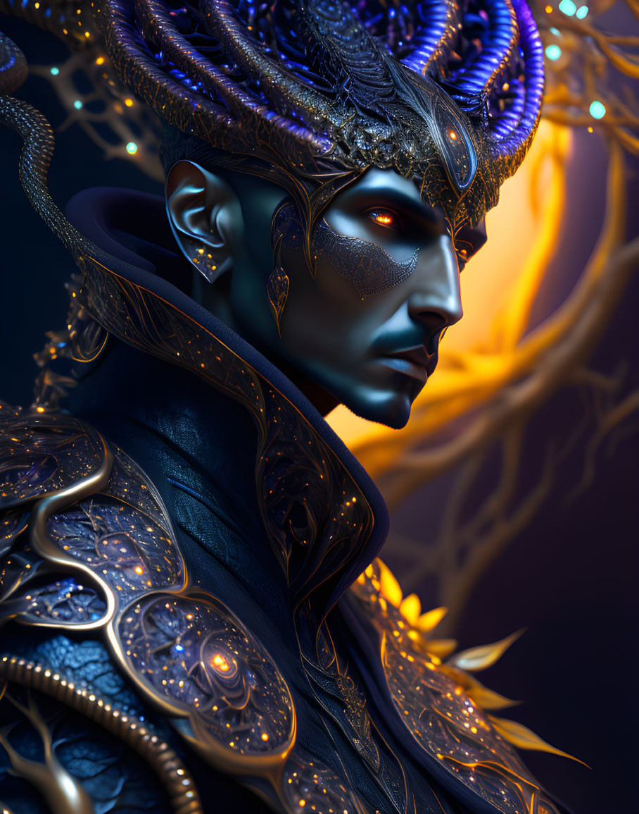 Blue-skinned fantasy figure with ornate golden headgear and glowing elements