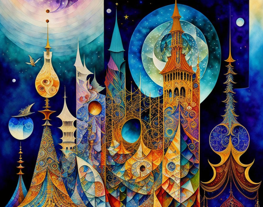 Vibrant fantasy illustration of celestial city under starry sky