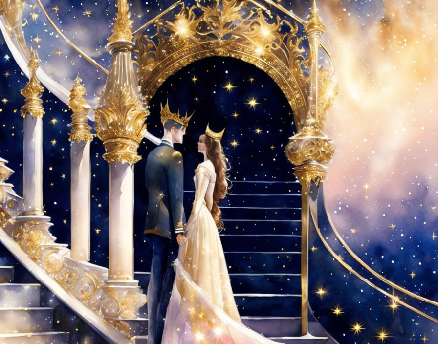 Royal king and queen under golden archway with cosmic backdrop