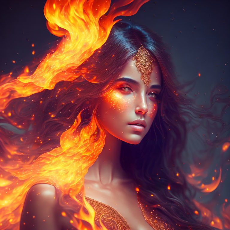 Fantastical woman with fiery hair and glowing skin in gold jewelry amid flames