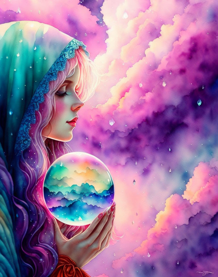 Vibrant illustration of hooded woman with pink hair and crystal ball