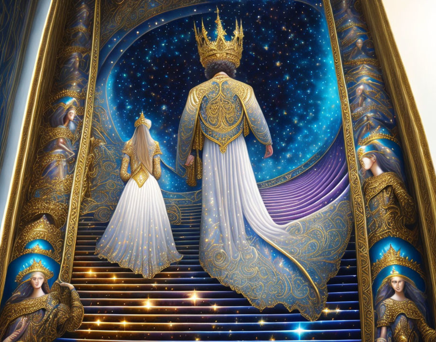 Royal couple in medieval attire on celestial staircase with regal tapestries.