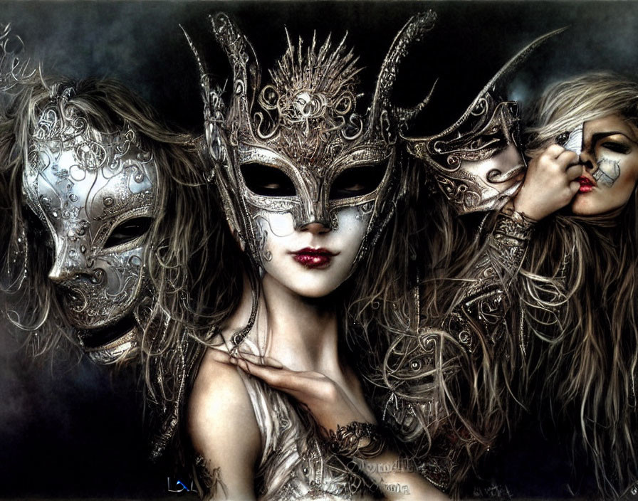 Woman holding ornate mask with two floating masks - mysterious and elaborate designs on dark backdrop