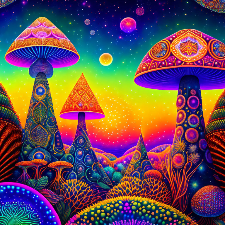 Colorful Psychedelic Mushroom Illustration with Stars and Planets