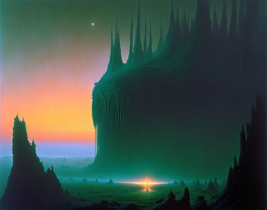 Twilight surreal landscape with Gothic spires and glowing light