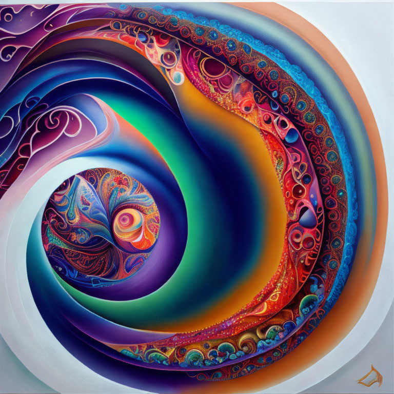 Colorful Abstract Painting with Swirling Patterns and Spiral Focus