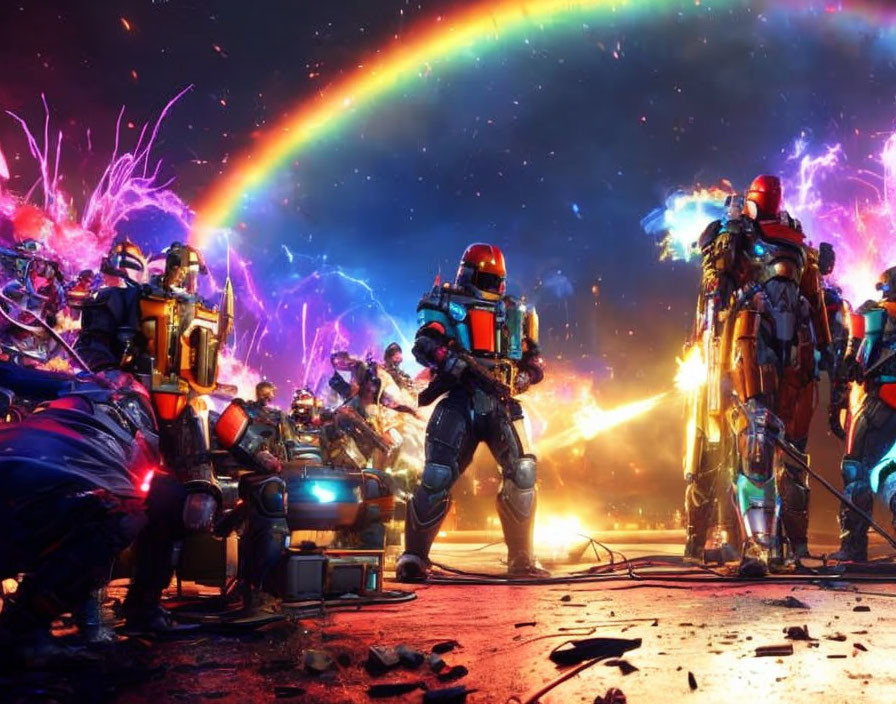 Armored characters in intense futuristic battle with vibrant explosions and rainbow in chaotic sci-fi scene