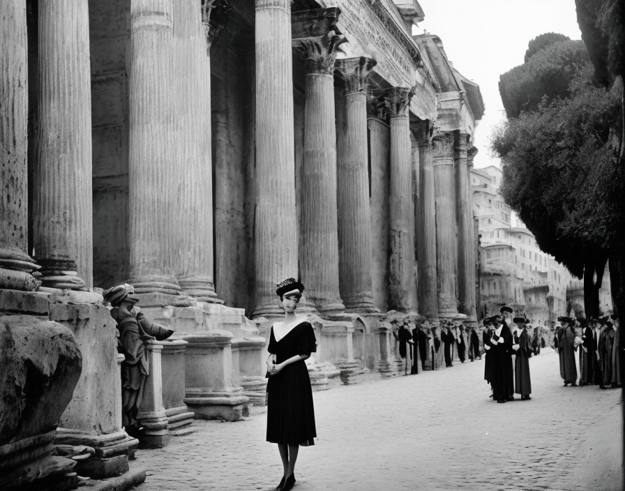 Historical site with woman and group of people in background