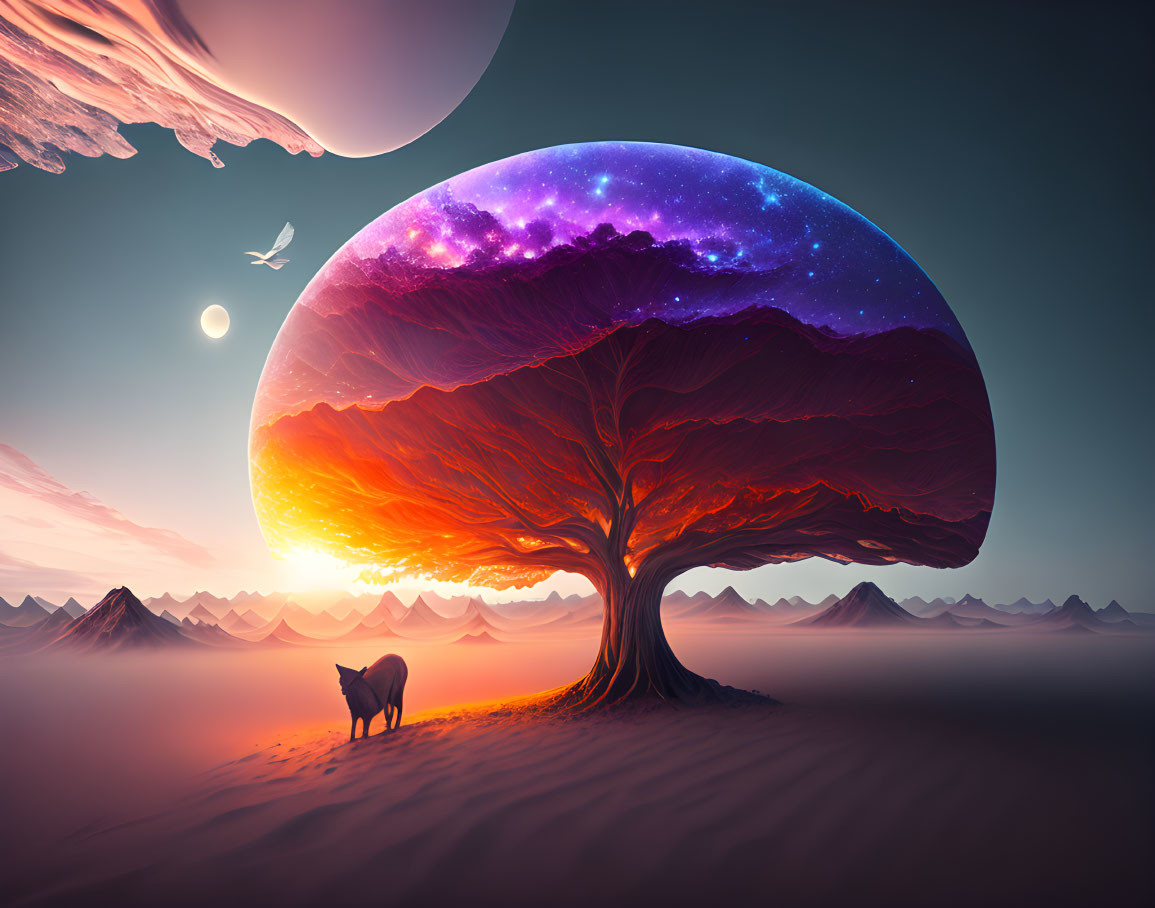 Surreal landscape with giant tree, fiery sunset, starry night sky, mountains, wolf,