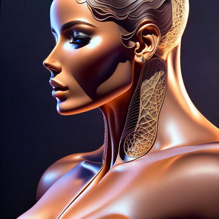 Golden-skinned female figure with human and mechanical fusion on dark background