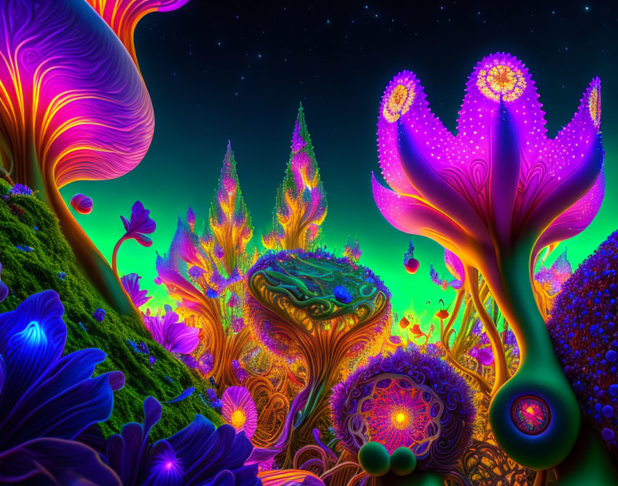 Fantasy landscape with luminescent plants, flowers, and mushrooms