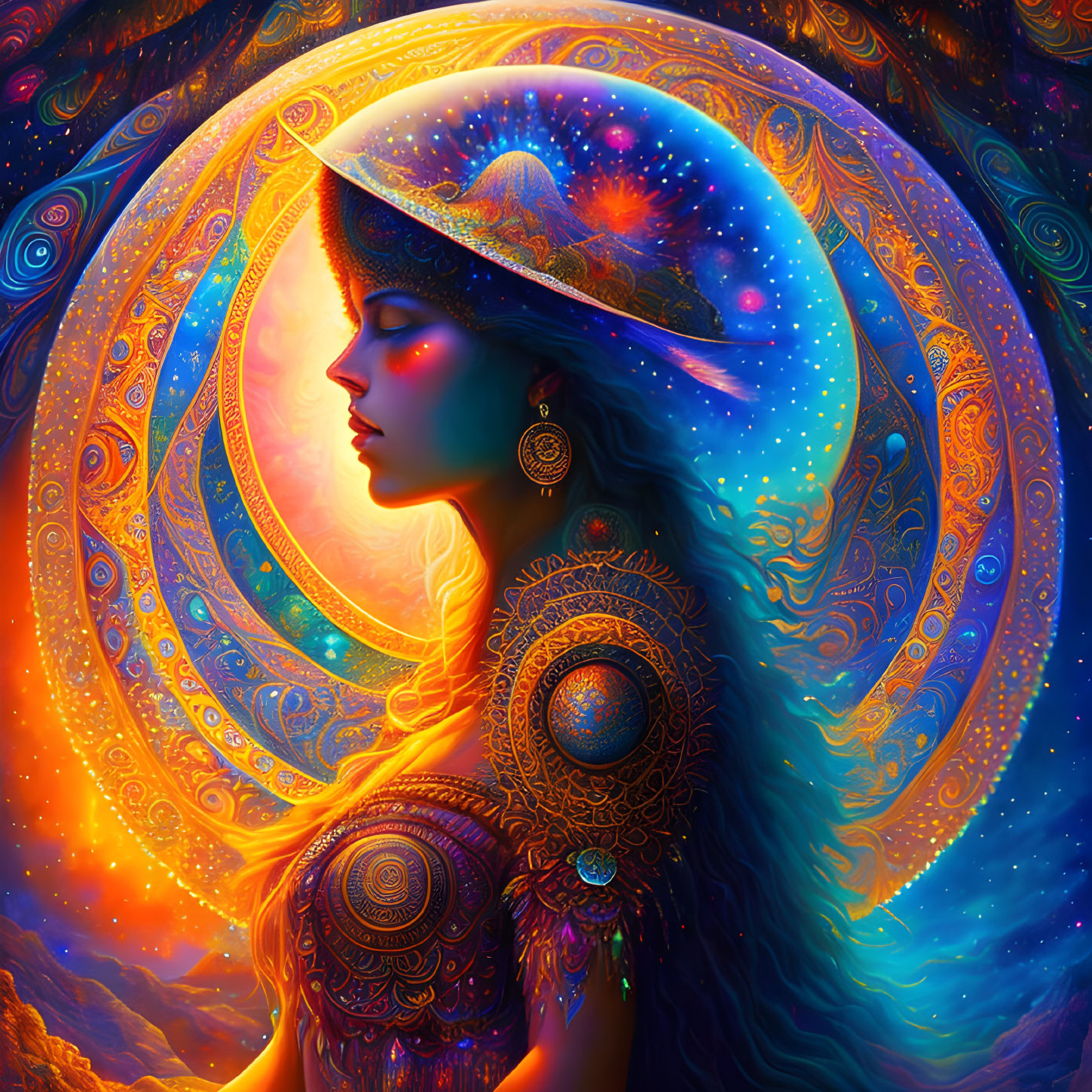 Colorful cosmic-themed woman illustration with celestial patterns and star-filled backdrop.