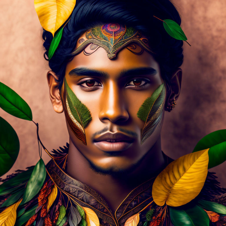 Man with Autumn Makeup and Feathered Headpiece Among Vibrant Leaves