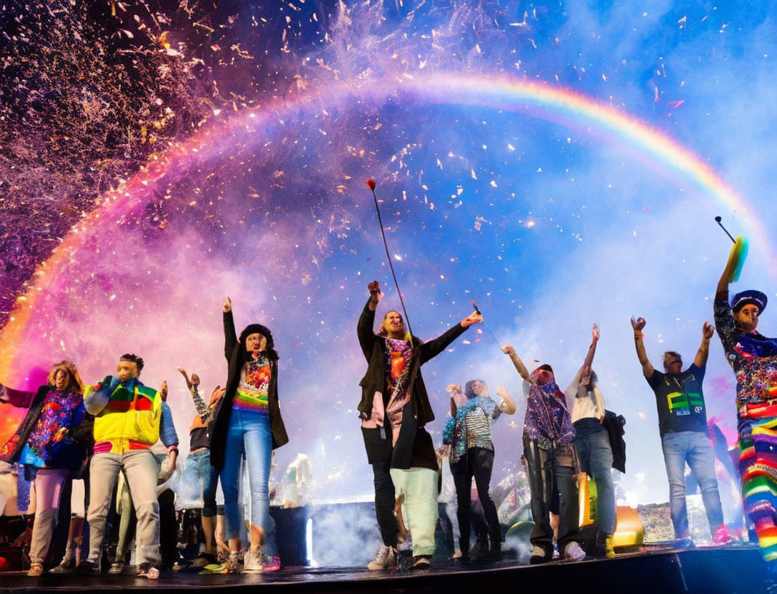 Diverse group in colorful attire celebrating under rainbow with sparklers