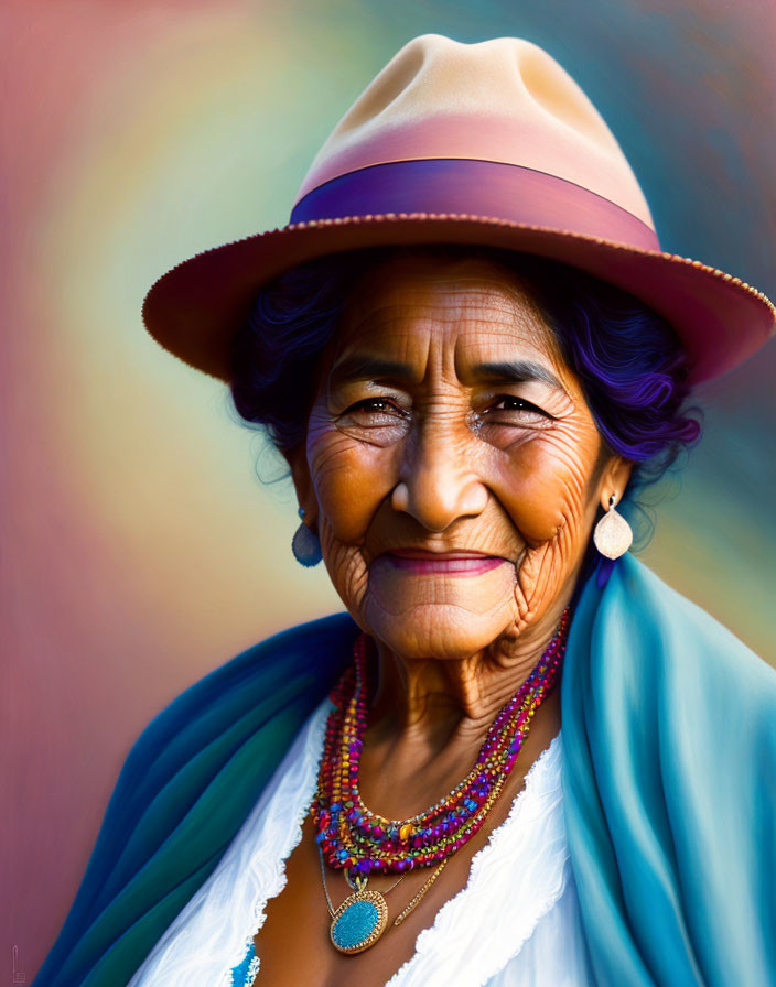 Elderly woman in hat, colorful beads, blue shawl, and white blouse