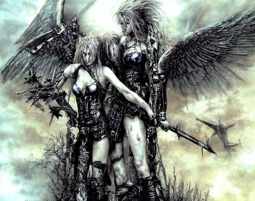 Fantasy female warriors with wings in dystopian landscape.