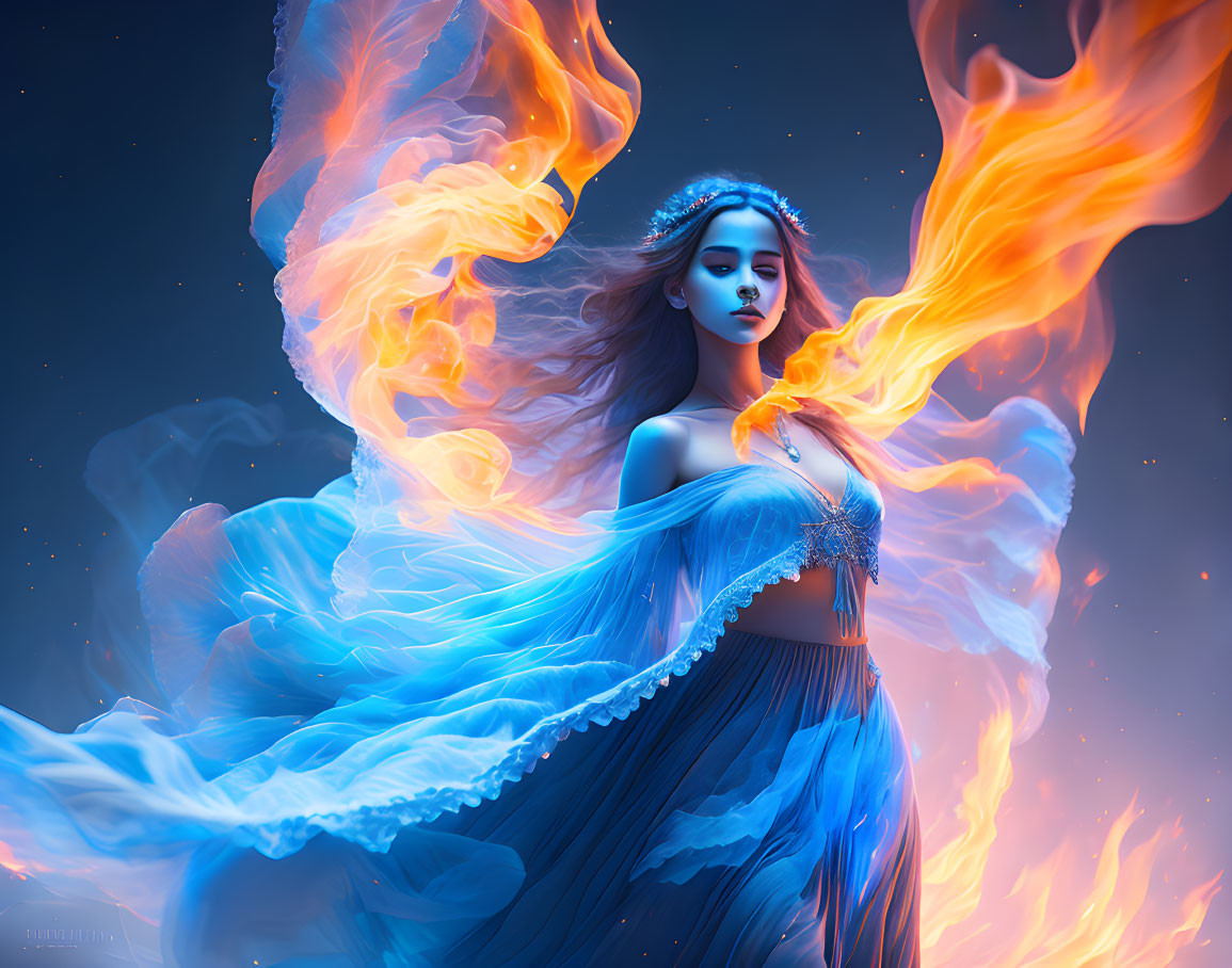 Mystical woman with phoenix wing and blue dress in fantasy setting