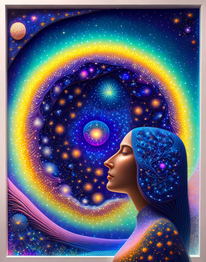 Colorful cosmic profile of a woman with stars, planets, and galaxy swirls