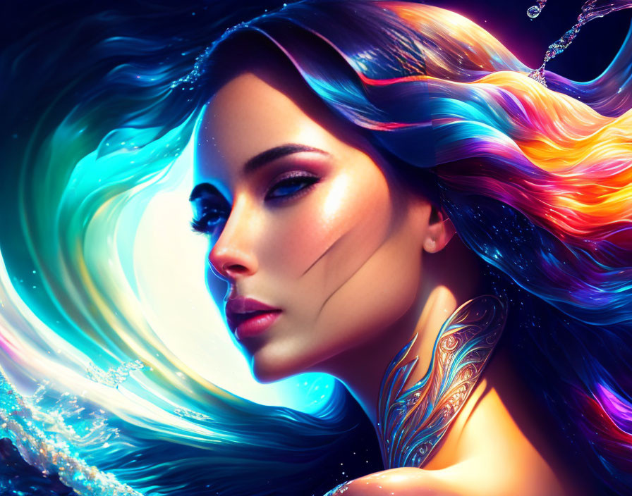 Colorful digital artwork: Woman with flowing hair & water-like elements