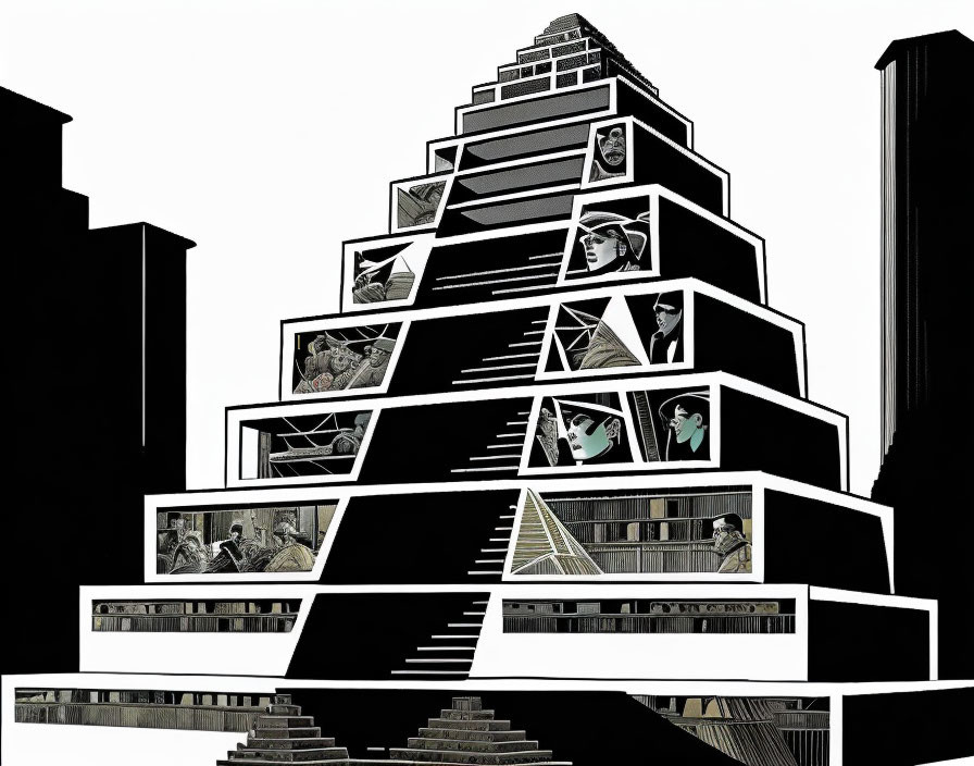 Monochromatic pyramid building with segmented scenes and silhouetted skyscrapers