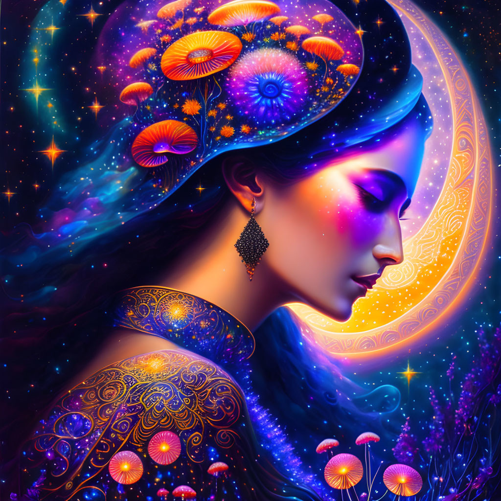 Colorful cosmic-themed woman illustration with galaxy hair, stars, and glowing mushrooms in crescent moon frame