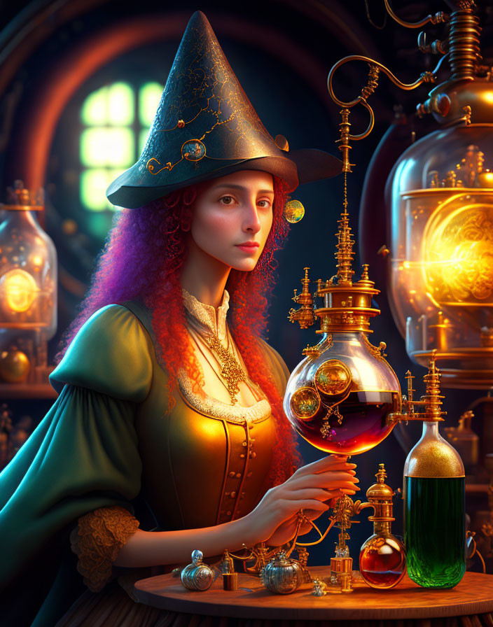 Curly Red-Haired Woman in Wizard Hat in Alchemist's Lab