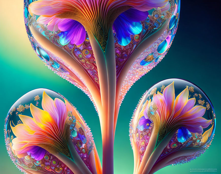 Colorful Abstract Floral and Fractal Art in Blue, Purple, and Orange on Teal Background