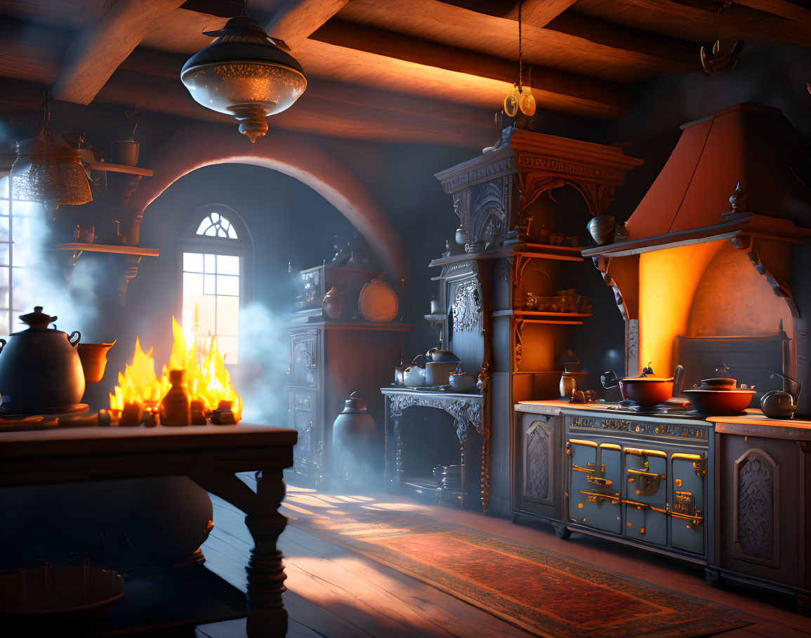 Medieval kitchen with roaring fire, rustic furniture, hanging pots, ornate metalwork