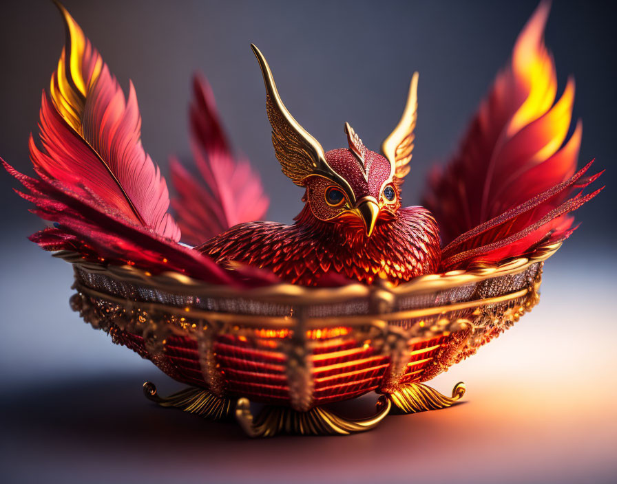 Mythical bird with golden beak and red feathers in ornate bowl