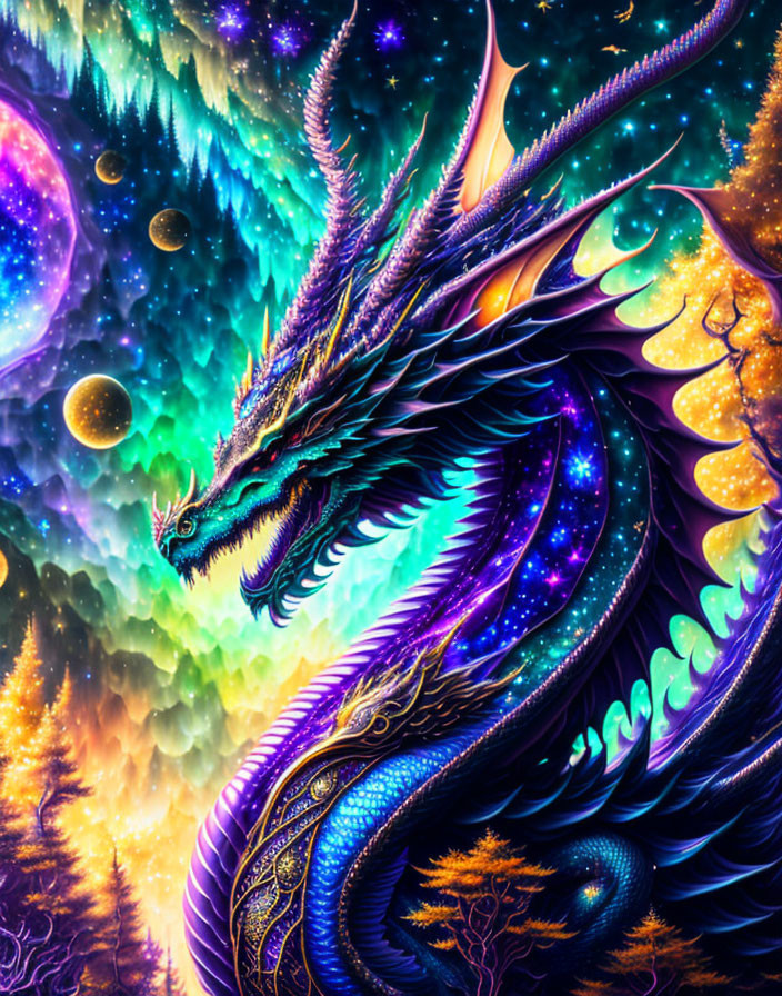 Colorful Dragon with Cosmic Background and Glowing Trees