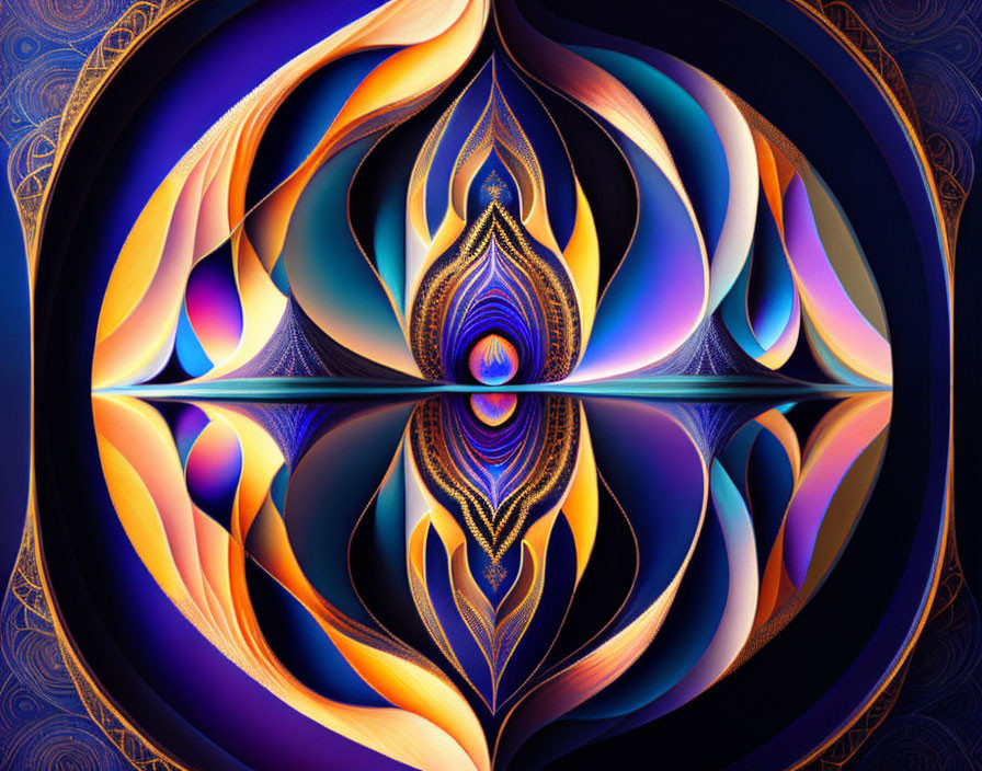 Symmetrical Blue, Orange, and Gold Kaleidoscopic Art Patterns