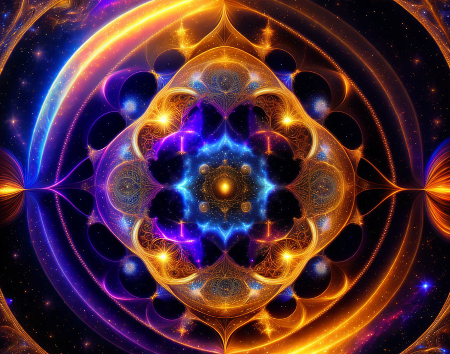 Intricate Golden Fractal Art on Cosmic Blue and Orange Background