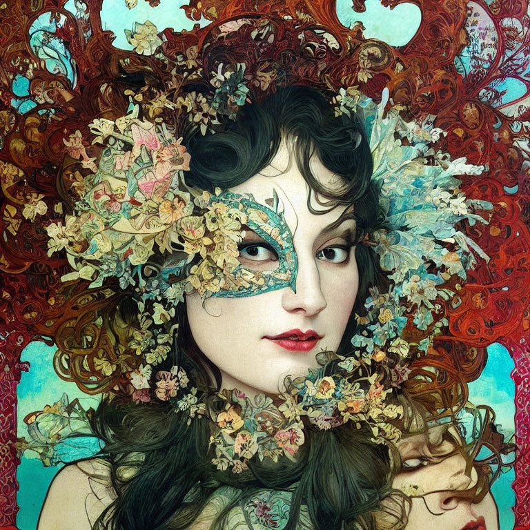 Illustrated woman with dark hair holding delicate mask adorned with flowers against floral background