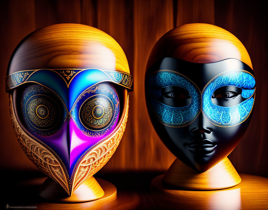 Ornate Venetian masks: one colorful, one black, on wooden background