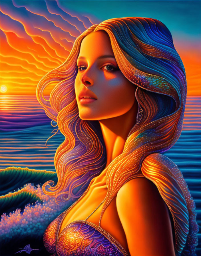 Vibrant illustrated portrait of a woman with flowing hair and ocean sunset background