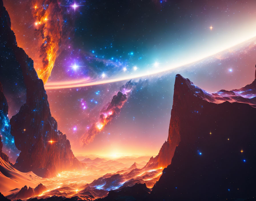 Colorful space scene with comet tail, starry sky, and alien landscape.